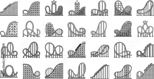 Large Collection of Black Line Vector Icons Depicting Various Roller Coaster Tracks and Rides for Amusement Park Design Projects