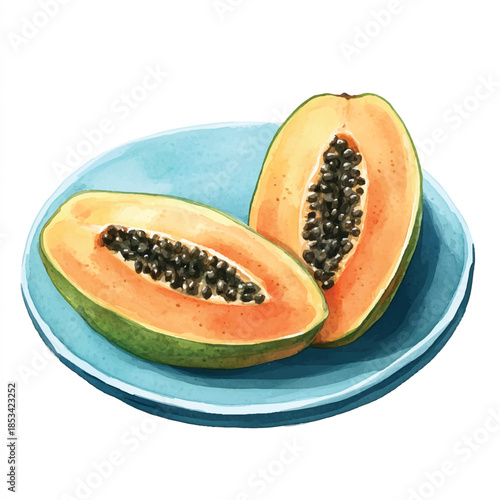 Two halves of ripe papaya on a blue plate.