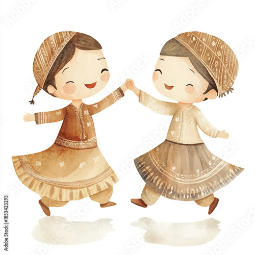 Two joyful children holding hands and dancing in traditional attire.