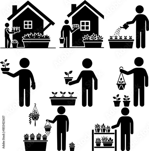 Home Gardening and Planting Activities Stick Figure Icon Set