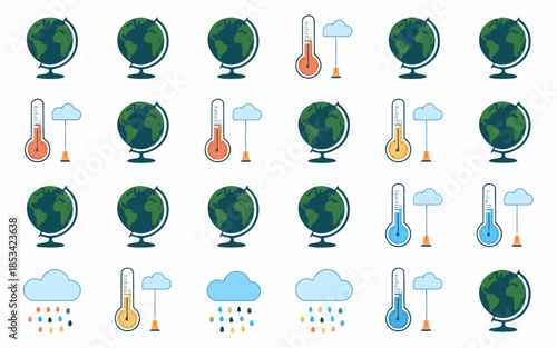 Vector illustration of globes, thermometers, clouds, and raindrops on white background