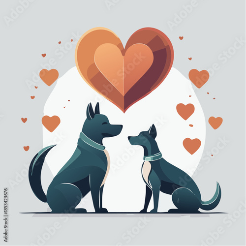 Two dogs sitting together surrounded by hearts in a loving atmosphere