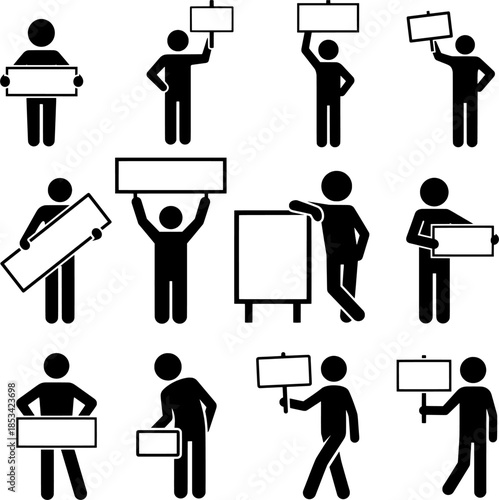People Holding Blank Sign Boards and Placards Icon Set