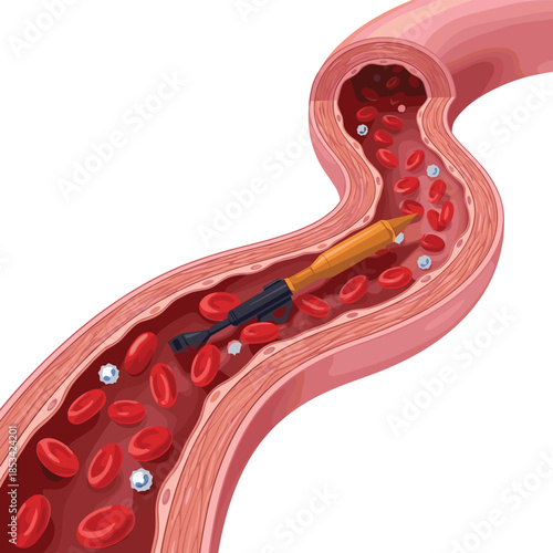 Medical Device Inserting into a Blood Vessel with Blood Cells Keywords: blood vessel, artery, vein, cross section, red blood cell