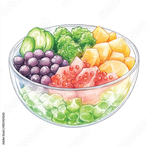 Vibrant watercolor illustration of a healthy poke bowl with fresh ingredients.