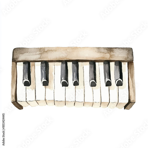 Vintage antique style piano keyboard detailed keys light brown wooden frame.