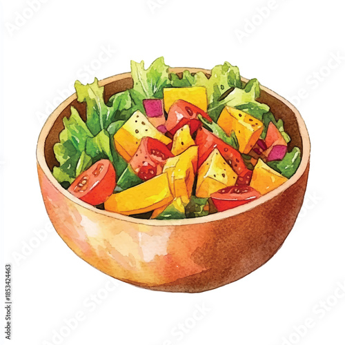 Vibrant watercolor illustration of a fresh garden salad in a wooden bowl.