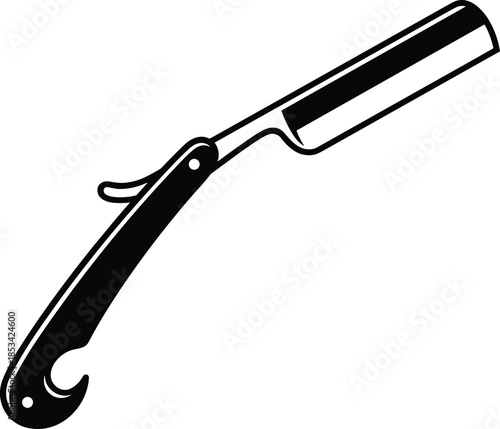 Open Straight Razor Silhouette with Curved Handle on White Background Keywords: razor, straight razor, barber, shaving, blade