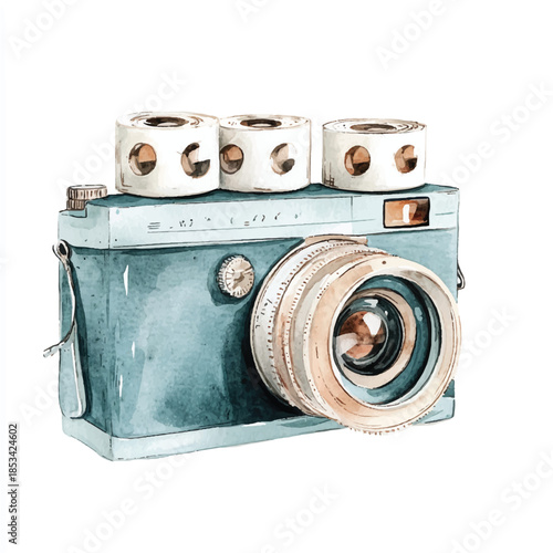 Vintage camera with three film rolls on top.