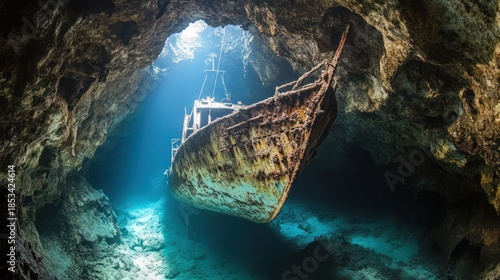 A shipwreck partially lodged in the entrance of a large sea cave, hull encrusted with barnacles and coral, historical mystery