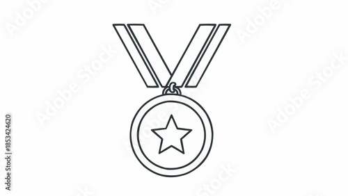 Simple Outline Drawing of a Star Medal with Ribbon.