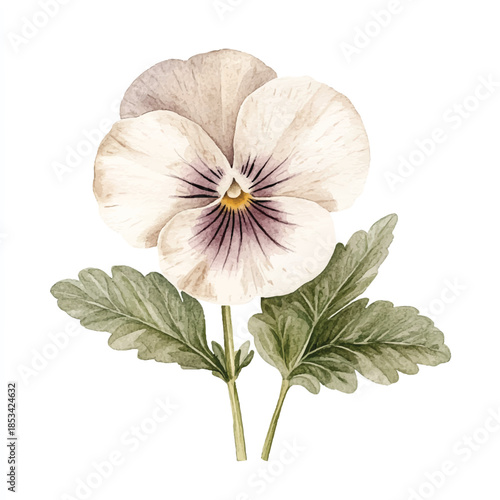 Vintage botanical illustration of a delicate white pansy flower.