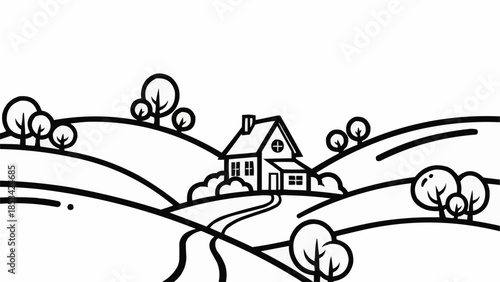 Minimalist Line Art Drawing of a Charming House on a Hill.