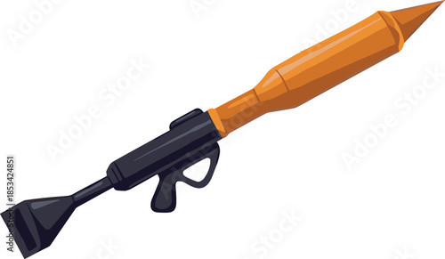 Orange and Black Rocket Launcher Weapon on White Background Keywords: rocket launcher, weapon, military, combat, war, defense, army