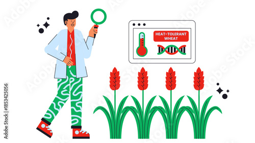 Flat vector illustration of agricultural biotechnology used to engineer heat-tolerant wheat for climate-resilient farming