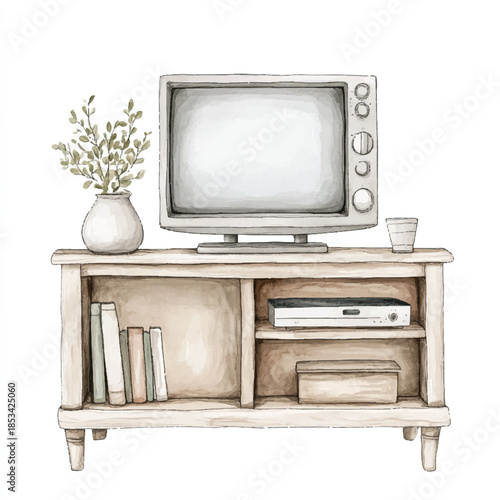 Vintage television set on a wooden stand with books and decor.