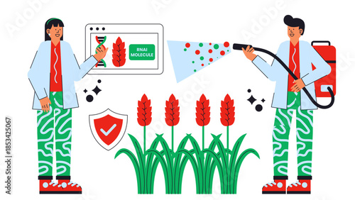 Flat vector illustration explaining RNA interference technology applied to protect crops from pests and diseases