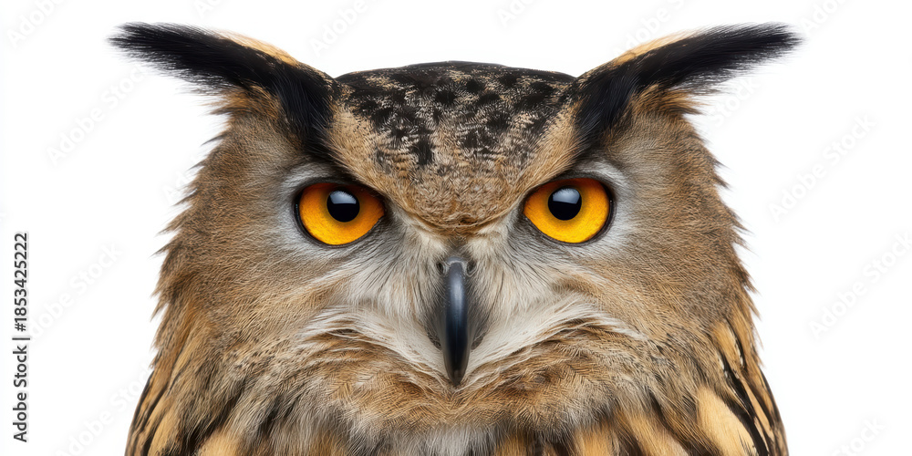 Fototapeta premium Wise nature beak owl portrait bird animal wildlife symbolism culture amerindian totem heritage tribal feathered head eye watching alert peaceful isolated studio shot white background art design