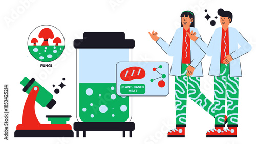 Flat vector illustration of engineered fungi producing flavor compounds for plant-based and alternative meat products
