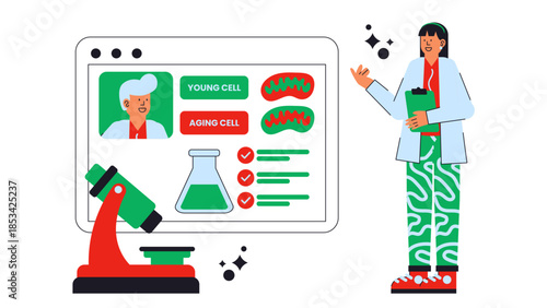 Flat vector illustration exploring mitochondrial function and its decline associated with aging