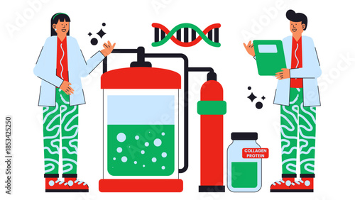 Flat vector illustration showing precision fermentation technology used to produce collagen protein sustainably