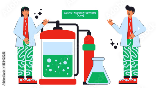 Flat vector illustration of AAV vector production and purification processes for gene therapy applications