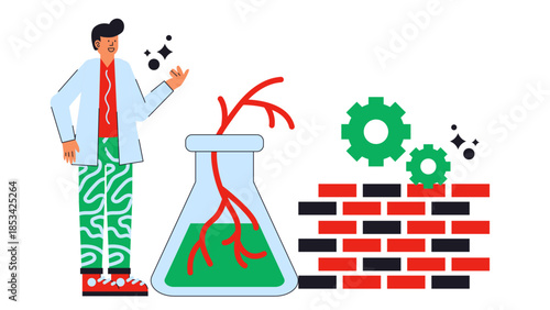 Flat vector illustration of sustainable mycelium-based materials used in eco-friendly construction and architecture