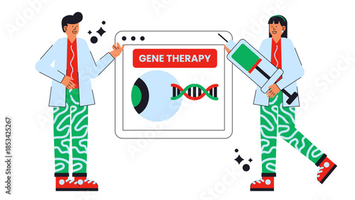 Flat vector illustration showing gene therapy approaches for treating inherited retinal and vision disorders
