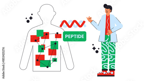 Flat vector illustration showing machine learning algorithms used to discover antimicrobial peptides