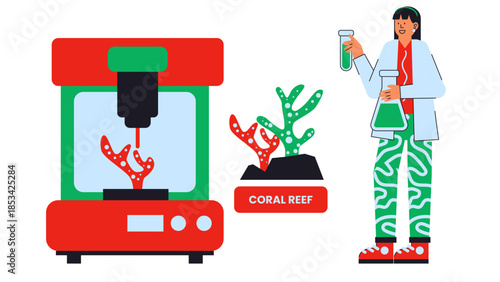 Flat vector illustration showing lab-grown coral used in reef restoration and marine ecosystem recovery.