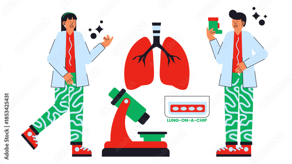 Naklejka premium Flat vector illustration of lung-on-a-chip technology used to study asthma and COPD respiratory diseases