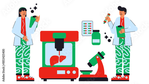 Flat vector illustration of bioprinted liver tissue used for drug metabolism and toxicity testing