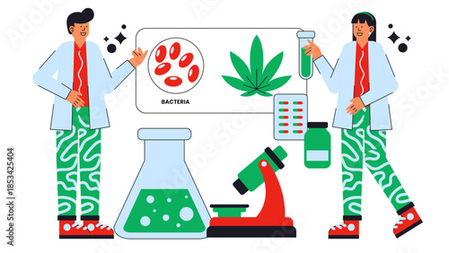 Flat vector illustration showing engineered microbes producing cannabinoids for pharmaceutical applications