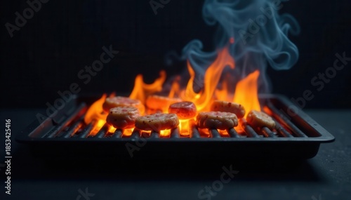 Sleek modern grill, fiery embers glow on dark backdrop, fire, texture