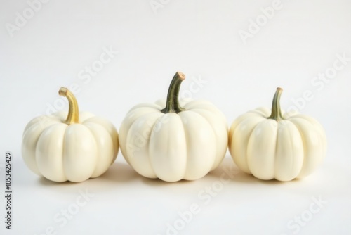 Three pristine white pumpkins aligned; pure white backdrop Simple fall arrangement , fall aesthetic, white fall