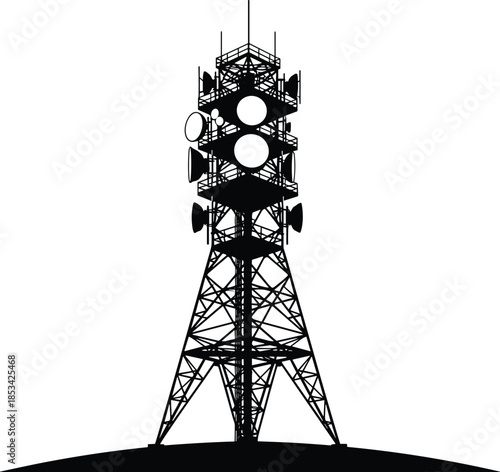 Black telecommunications tower silhouette with antennas and microwave dishes isolated on white background representing wireless network infrastructure technology