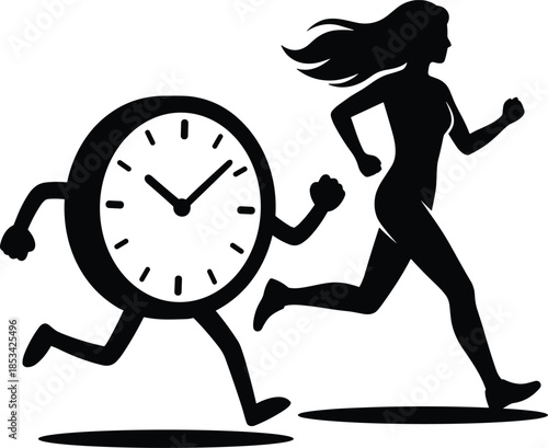Silhouette of a running woman and a running clock with arms and legs Keywords: running, woman, clock, time, fitness, exercise
