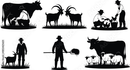 Farm life vector illustration set, black silhouette of farmers and animals, rural agriculture scene for design, print, education, and decoration