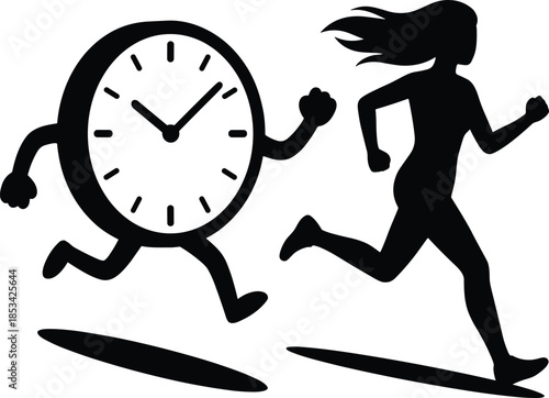 Silhouette of a running woman and a running clock with arms and legs Keywords: running, woman, clock, time, fitness, exercise