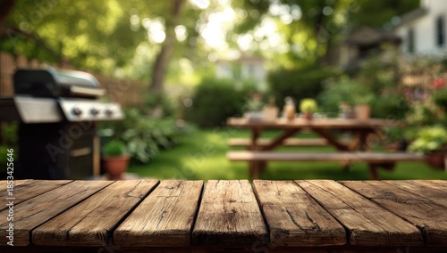 Sunny backyard with barbecue, picnic table, and rustic wooden foreground