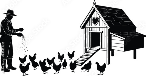 Farmer feeding chickens vector silhouette, black rural farm scene illustration, chicken coop, countryside agriculture design for print, decor, and education