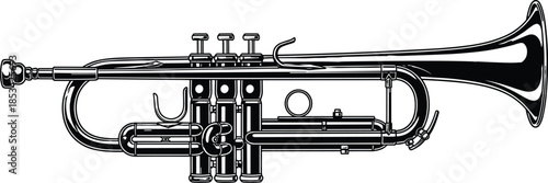 Detailed black and white trumpet illustration isolated on white background showcasing brass musical instrument design, sound production, performance, jazz, orchestra concept