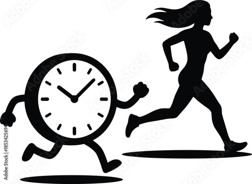 Silhouette of a running woman chasing a clock with arms and legs Keywords: running, woman, clock, time, speed, chase, race, fitness