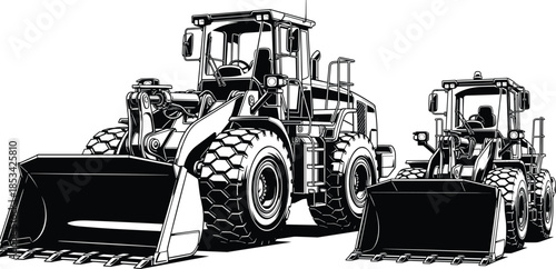 Front-end loader vector illustration set, black construction vehicle silhouettes, heavy machinery equipment for industrial design, building site, print, and education