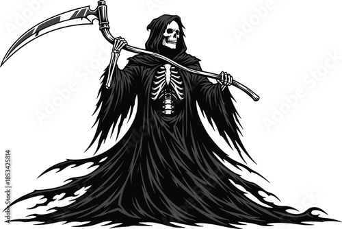 Grim reaper illustration holding scythe with skeletal figure in dark robe isolated on white background symbolizing death, fear, mythology, gothic fantasy concept