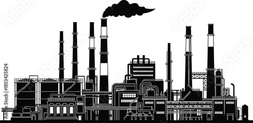 Industrial factory skyline silhouette with smokestacks and pipelines isolated on white background illustrating heavy industry, manufacturing processes, energy production, pollution concept