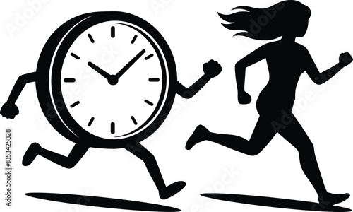 Silhouette of a Running Woman Chasing a Running Clock on White Background time
