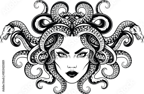 Mythical Medusa head illustration with detailed snake hair isolated on white background symbolizing Greek mythology power beauty danger fantasy art concept