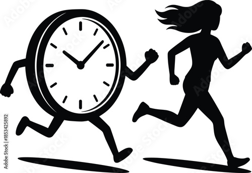 Silhouette of a Running Woman Chasing a Running Clock on White Background time