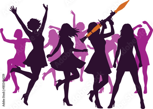 Silhouettes of dancing women with one holding a rocket launcher on white background party celebration